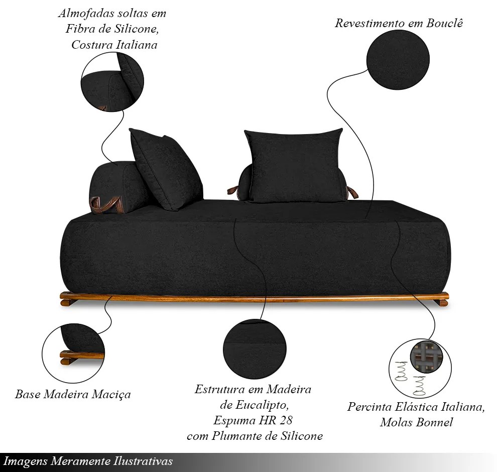Sofá Modulado 6 Lugares com Almofadas Soltas Pés Madeira Maciça 400cm Homer Bouclê Preto G63 - Gran Belo