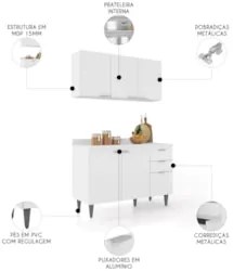 Armário de Cozinha Com Tampo CP01 120cm Pérola Branco Z34     - Mpozen