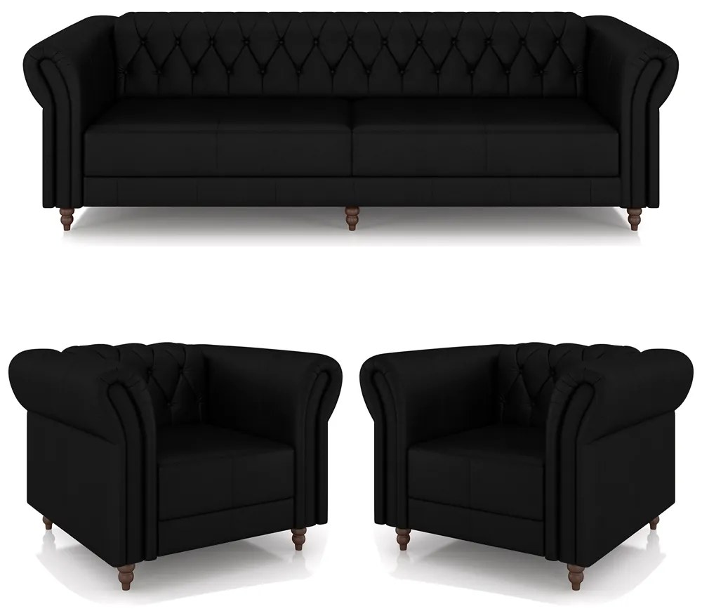 Conjunto Sala de Estar 1 Sofá Living 260cm e 2 Poltronas Stanford Chesterfield Pés Madeira Couro Preto Brilho G58 - Gran Belo