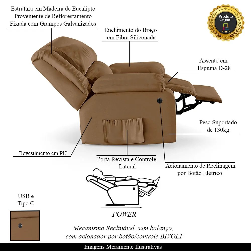 Poltrona do Papai Reclinável Melim Controle Power Elétrico USB PU Caramelo FH1 - D'Rossi