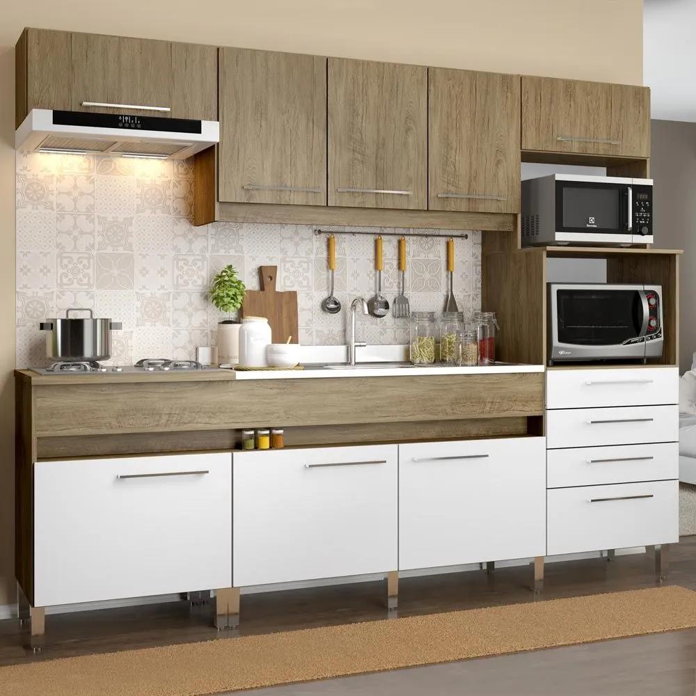 Cozinha Compacta 8 Portas 4 Gavetas Co780 Wood/Branco - Decibal Móveis