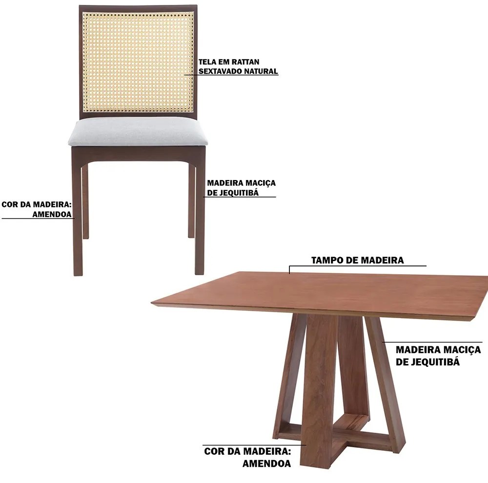 Conjunto Mesa Shell com Tampo Amadeirado 160x90 cm e 6 Cadeiras Steve Amêndoa G55 - Gran Belo