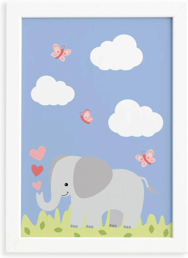 Quadro Safari Menina Elefante Moldura Branca 33x43cm