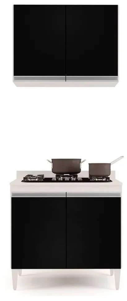 Kit Armário Aéreo e Balcão para Cooktop de Cozinha 02 Portas Diana Branco e Preto 80 cm - D'Rossi