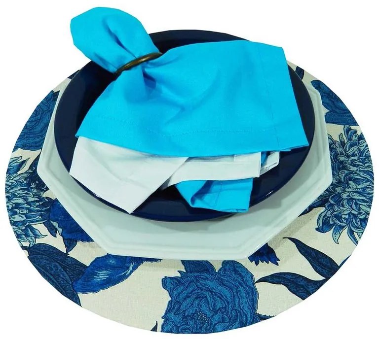 Sousplat Redondo Moscou em Algodão com Estrutura MDF 35cm - Floral Azul e Branco - 6 unidades