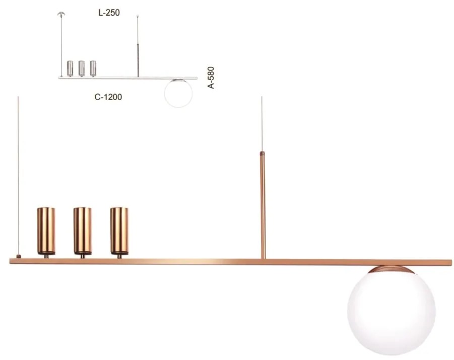 Pendente Retangular Tubo E Vidro Assimetrico 120X25X58Cm Metal E Globo... (BRANCO, AMBAR)