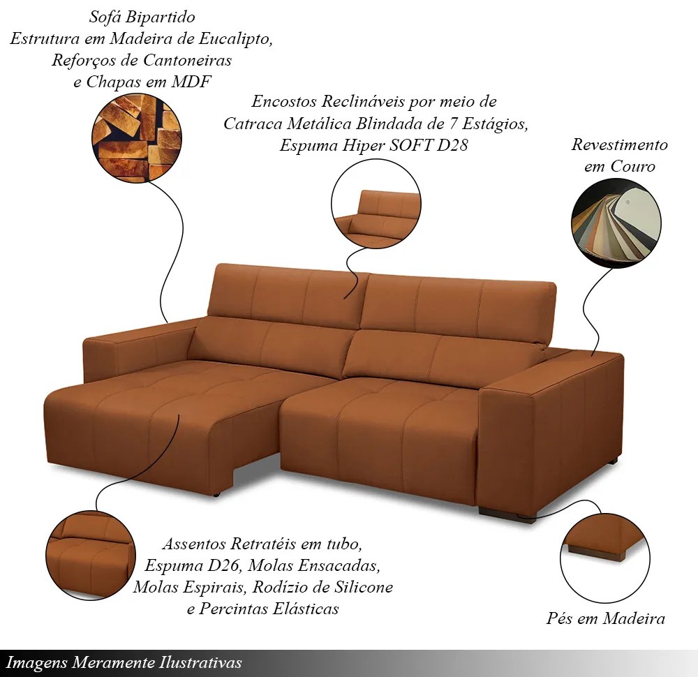 Sofá Decorativo Barbosa 5 Lugares Sala de estar 290cm Reclinável e Retrátil Couro Conhaque G88 - Gran Belo