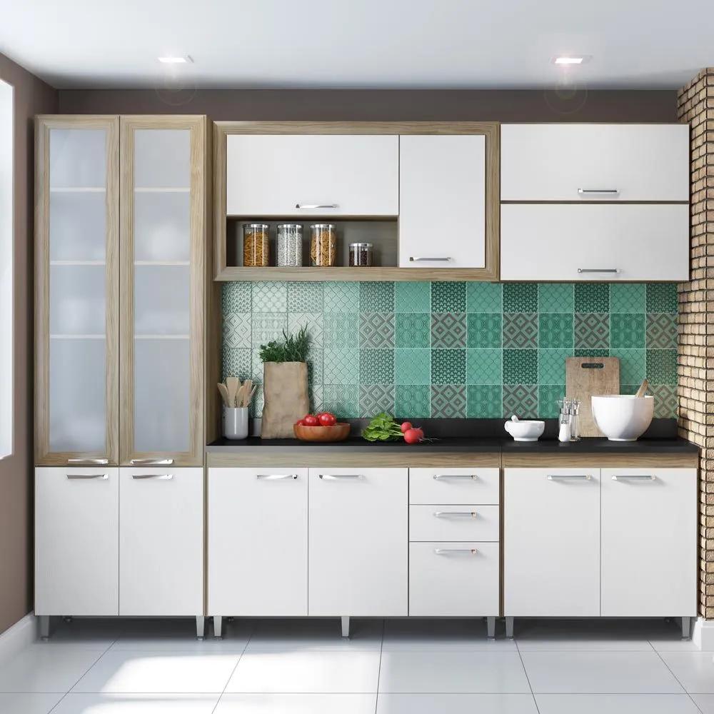 Cozinha Compacta 12 Portas C/ Tampo Pt e Vidro 5719 Branco/Argila - Multimóveis