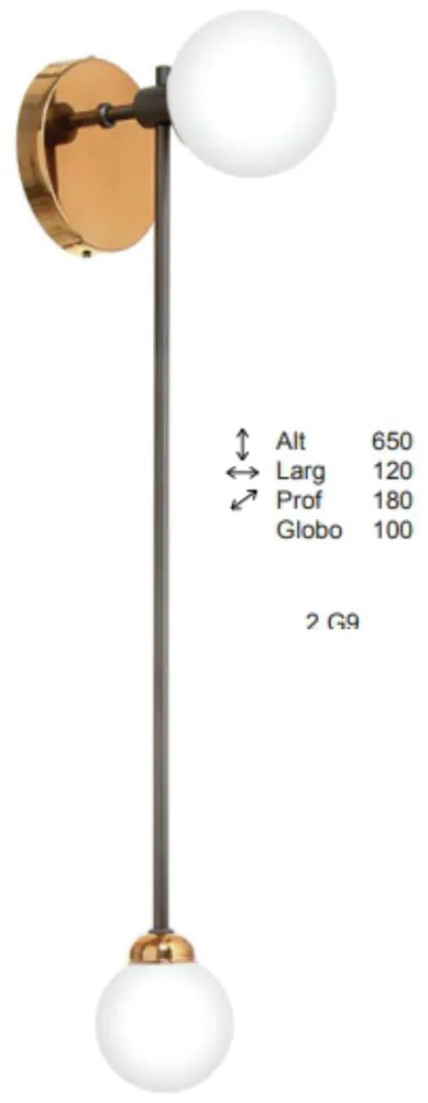 Arandela Bugle Haste Longa 18X12X65Cm Globo Ø08Cm / Ø10Cm 2Xg9 - Old A... (PRETO / DOURADO BRILHO, AMBAR)