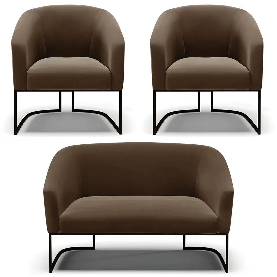 Namoradeira e 2 Poltronas Industrial Preto Stella Suede Marrom D03 - D'Rossi