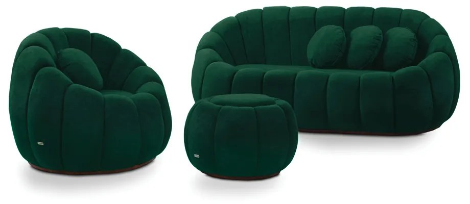 Sofá 2 Lugares com Puff e Poltrona Giratória Orgânica Cloud Bouclê Verde E03 - D'Rossi