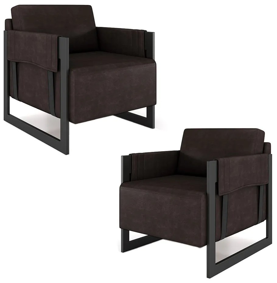 Kit 2 Poltronas Decorativa Sala de Estar Moria Base em Ferro Pu Preto/Marrom G33 - Gran Belo