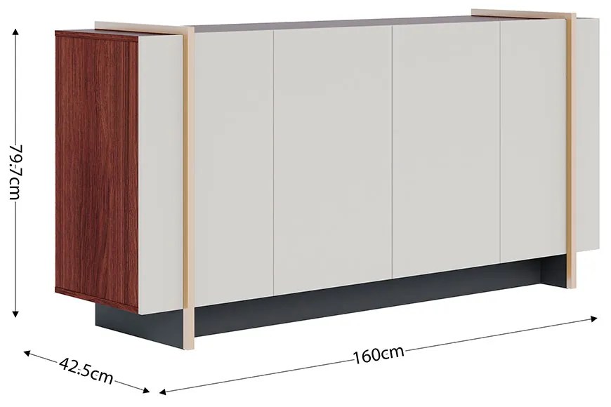 Aparador Buffet 4 Portas Oliwia 160cm Sala Jantar Pé Dourado C04 - D'Rossi - Off White e Nogueira