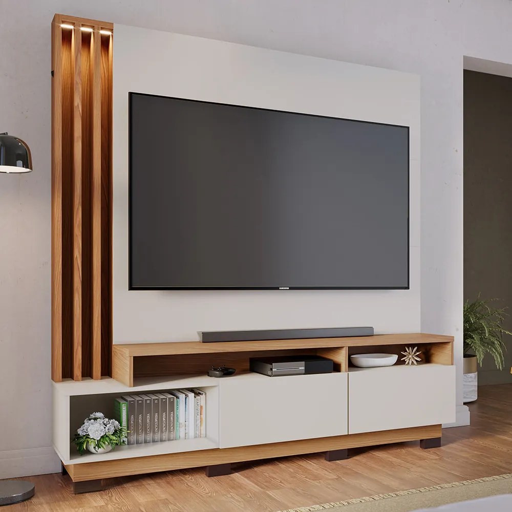 Estante de TV 65 Polegadas 180cm com Led Radaelli C04 - D'Rossi - Freijó e Off White Matte