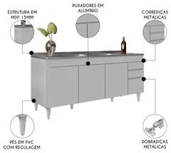 Balcão de Cozinha Com Pia Inox 180cm 4 Portas Dallas Cinza Claro - Lum