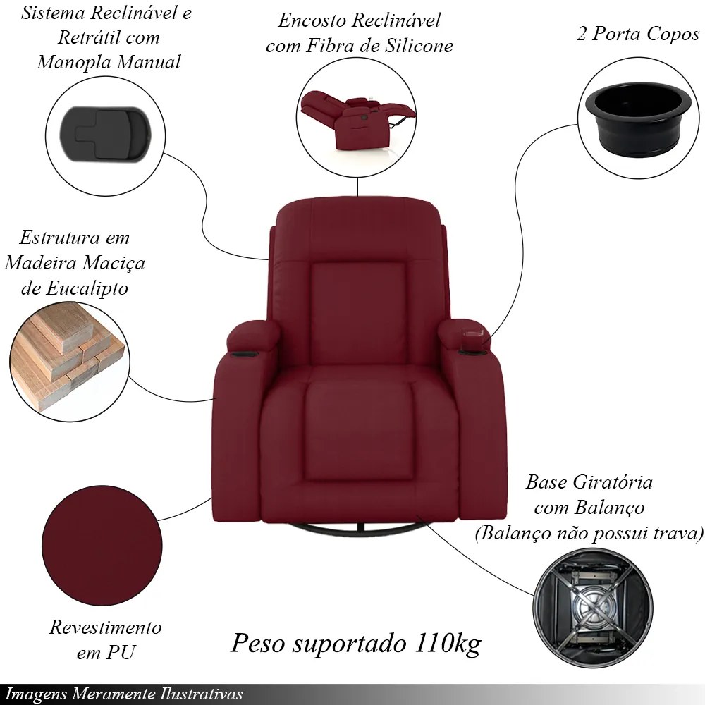 Poltrona do Papai Reclinável Giratória e Balanço Sala de Cinema Crihs Manual Glider PU Vermelho G23 - Gran Belo