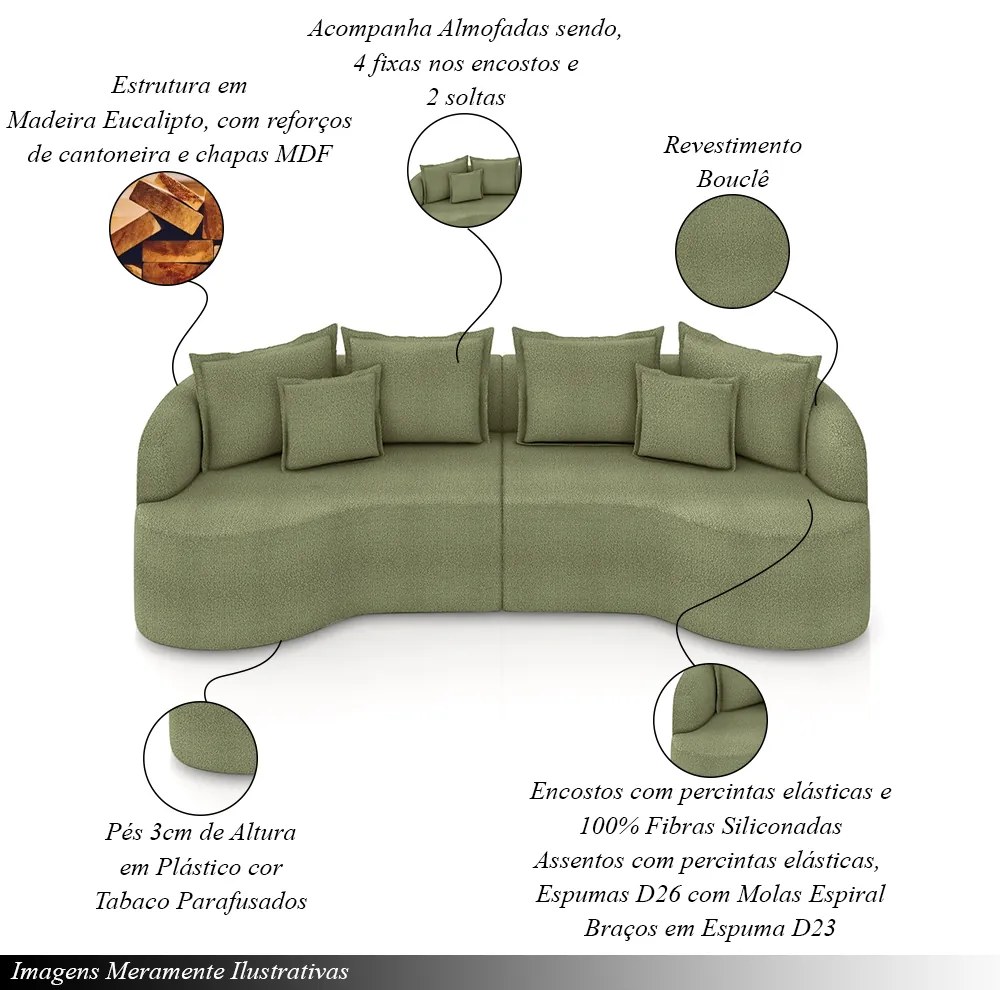 Sofá Living Decorativo Salinas 4 ou mais Lugares com Almofadas 270cm Modulado Bouclê Verde G33 - Gran Belo