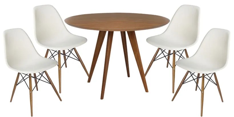 Conjunto Mesa Square Redonda Louro Freijó 88cm + 4 Cadeiras Eiffel - Branco