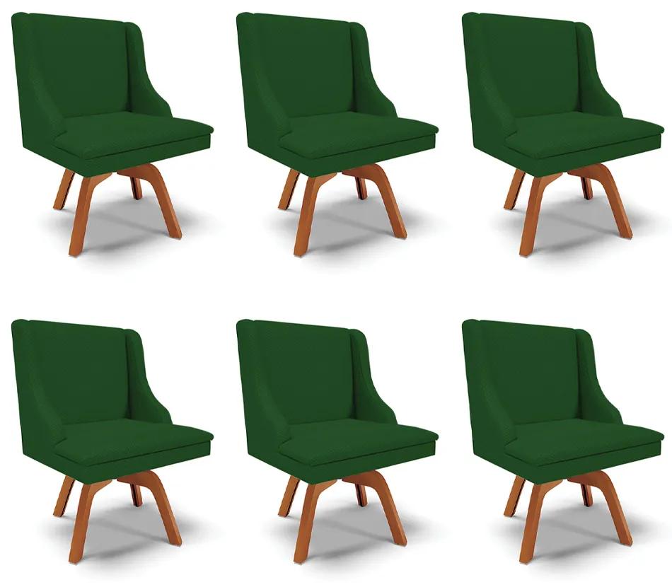 Kit 6 Cadeiras Decorativas Sala de Jantar Base Giratória de Madeira Firenze Veludo Verde Luxo/Natural G19 - Gran Belo