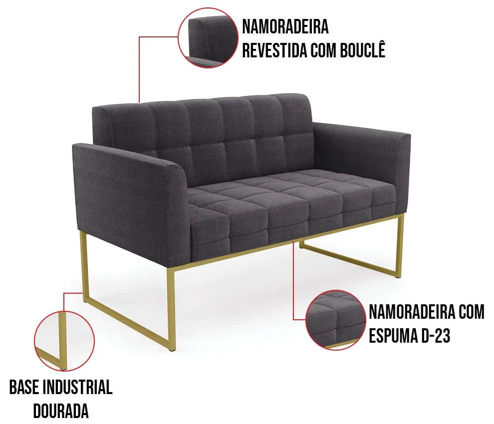 Namoradeira e 2 Poltronas Industrial Dourado Elisa Bouclê D03 - D'Rossi - Grafite