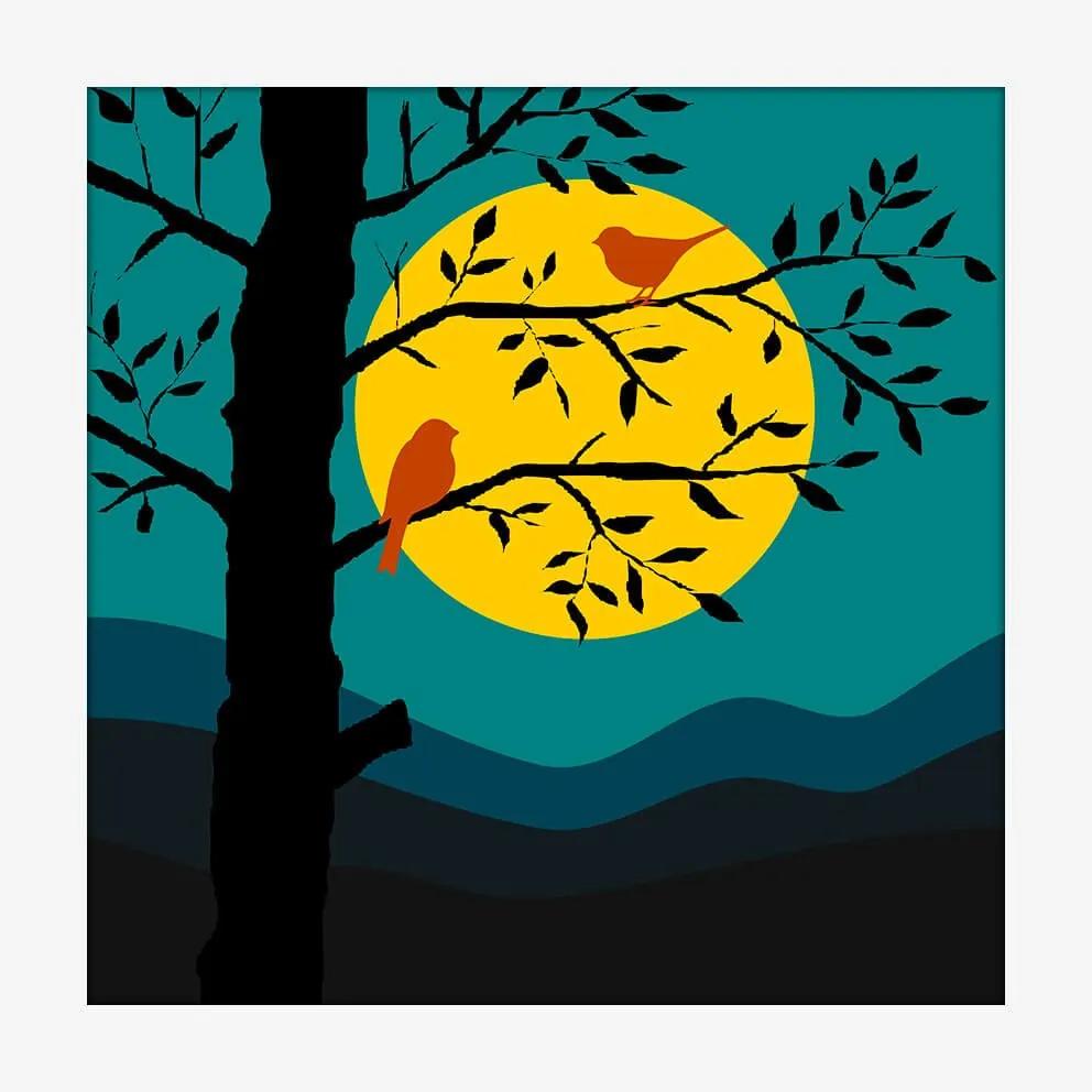 Quadro Decorativo Mold. Branca Poster Minimalista Ilustração Sunset Passarinhos 20x20cm