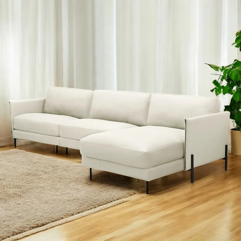 Sofá Decorativo Karine 6 Lugares Sala de estar 360cm com Chaise Pés em Aço Couro Off White G88 - Gran Belo