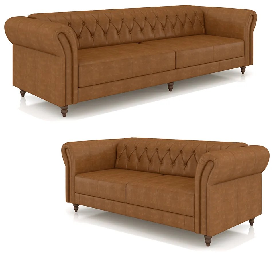 Conjunto de Sofá Sala de Estar Stanford Chesterfield 2 e 3 Lugares 200cm/260cm Pés Madeira Couro Mel Manchado G58 - Gran Belo