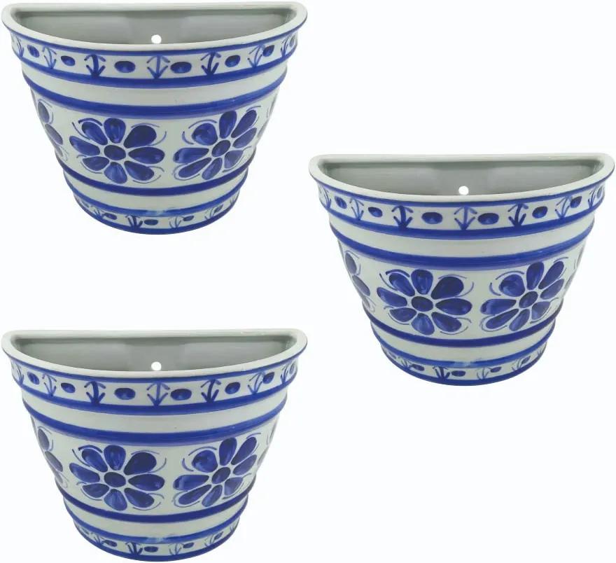 Conjunto 3 Vasos de Parede em Porcelana Azul Colonial 15 cm (com furo)