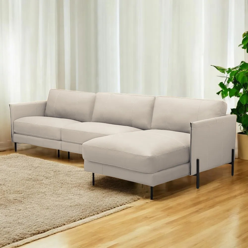 Sofá Decorativo Karine 6 Lugares Sala de estar 360cm com Chaise Pés em Aço Couro Bege G88 - Gran Belo