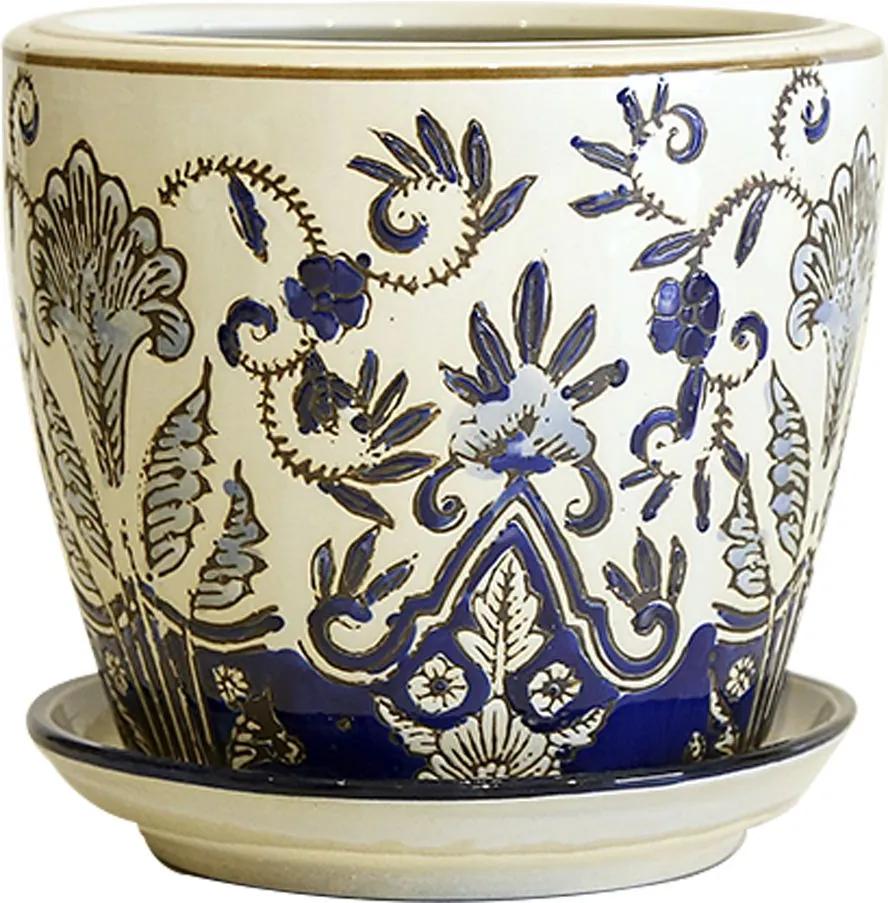 Cachepot em Porcelana com Prato Floral Azul e Branco D21cm x A19cm