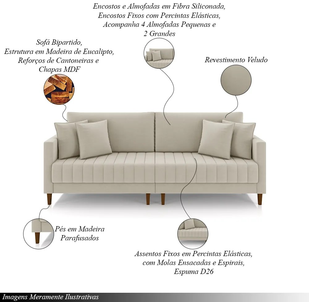 Sofá Living Decorativo Hamburgo Bipartido 2 Lugares 216cm com Almofadas Pés em Madeira Veludo Bege G33 - Gran Belo