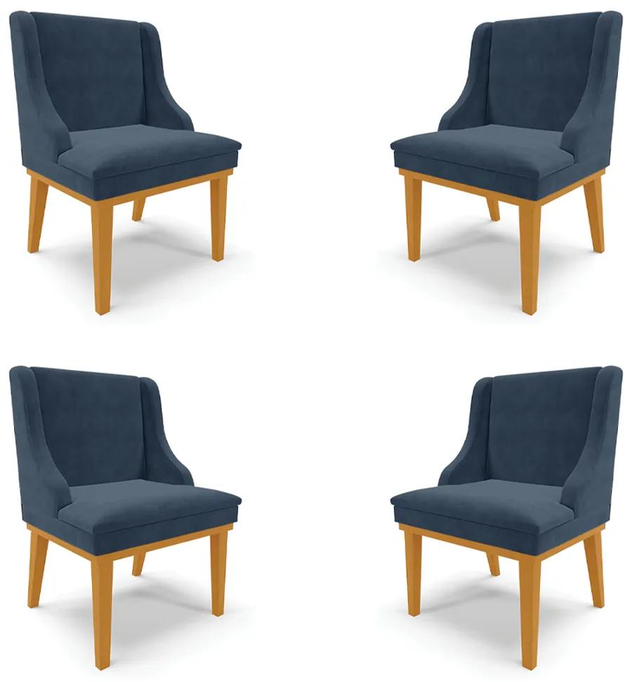 Kit 4 Cadeiras Decorativas Sala de Jantar Base Fixa de Madeira Firenze Suede Azul Marinho/Castanho G19 - Gran Belo