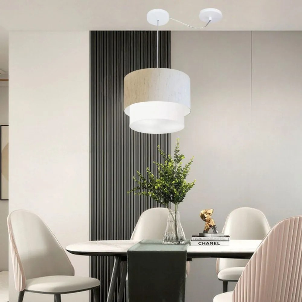 Lustre Pendente Cilíndrico Com Desvio Linho Bege e Branco MJ-4359 Para Mesa de Jantar e Estar