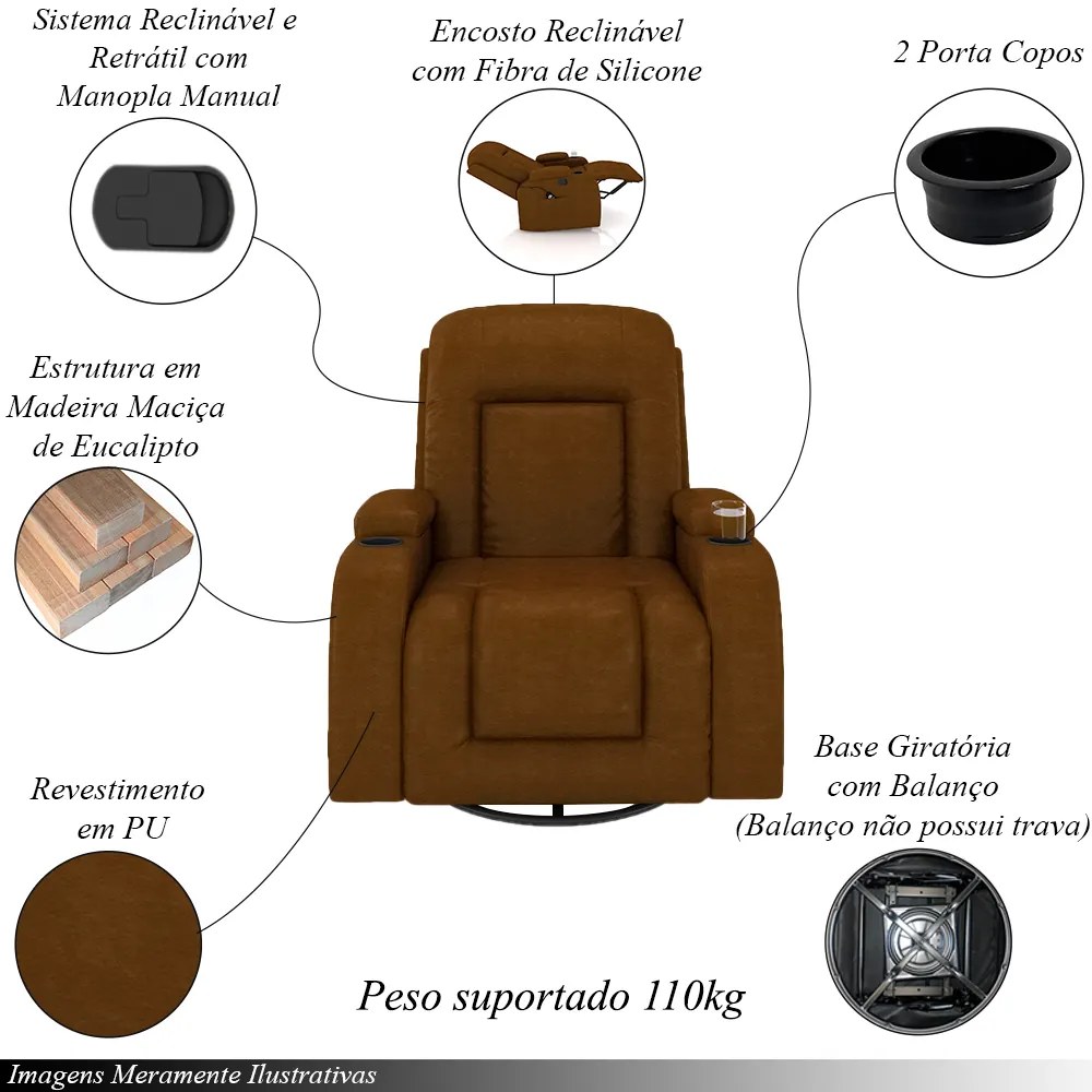 Poltrona do Papai Reclinável Giratória e Balanço Sala de Cinema Crihs Manual Glider PU Whisky G23 - Gran Belo