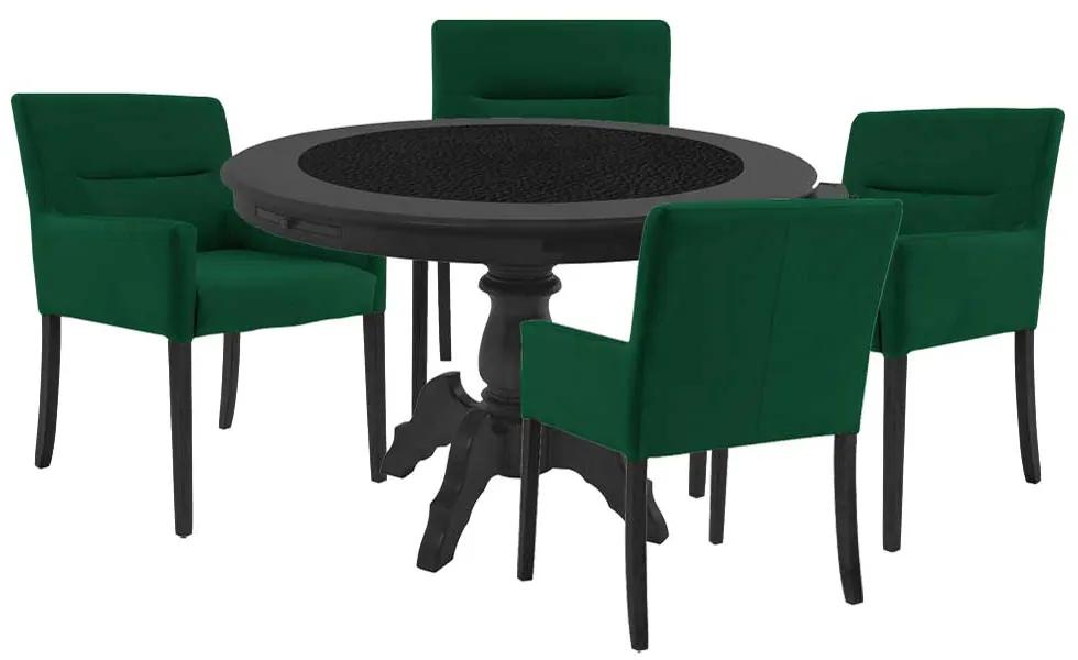 Mesa de Jogos Carteado Montreal Redonda Tampo Reversível Preto com 4 Cadeiras Vicenza Verde G36 G15 - Gran Belo