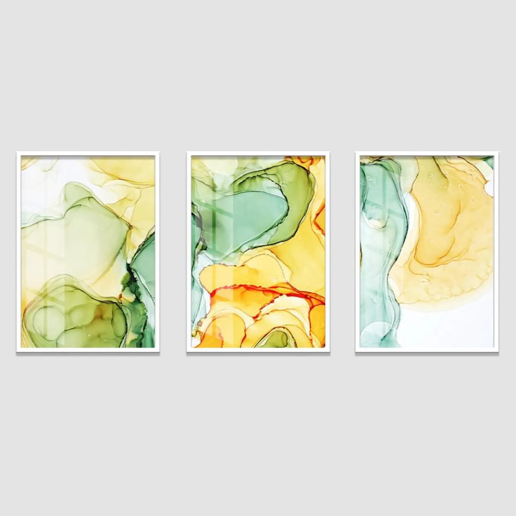Quadro 60x120cm Abstrato Âmbar Amarelo e Verde Moldura Branca sem vidro Decorativo Interiores