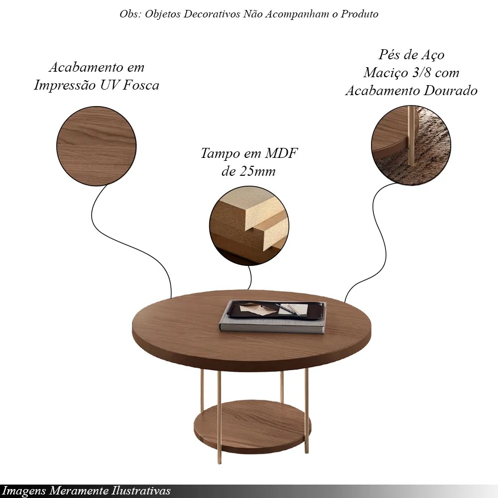 Mesa de Centro Sky para Sala de Estar com Tampo MDF e Pés em Aço Castanho G26 - Hb Móveis