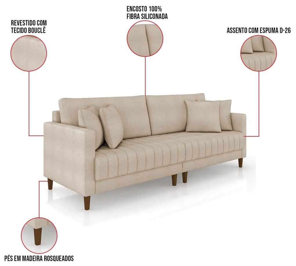 Sofá 3 Lugares Living 196cm Pés Madeira Cléo Bouclê Creme K01 - D'Rossi