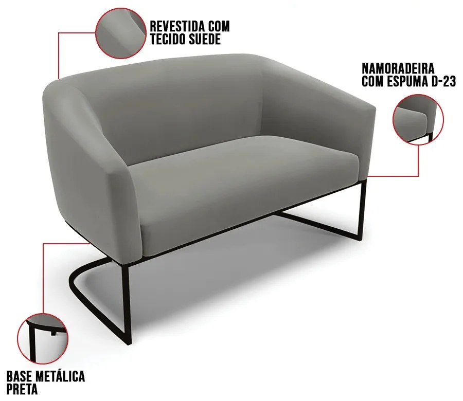 Sofá 2 Lugares Namoradeira Industrial Preto Stella Suede D03 - D'Rossi - Grafite