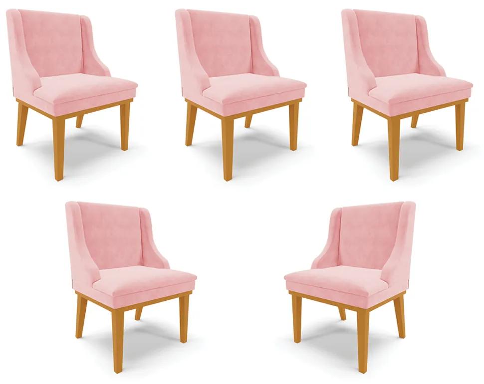Kit 5 Cadeiras Decorativas Sala de Jantar Base Fixa de Madeira Firenze Suede Rosa Bebê/Castanho G19 - Gran Belo