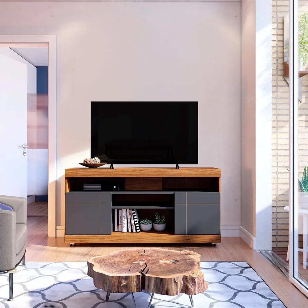 Rack para Sala Bancada de TV 47 Pol 136cm Ariele C04 - D'Rossi - Noce Milano e Preto Fosco