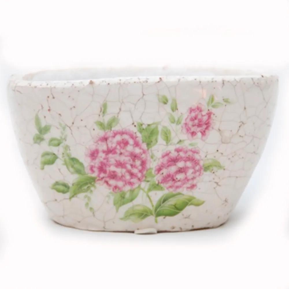 Cachepot em Cerâmica na Cor Bege com Pintura de Flores - 15x9x9cm