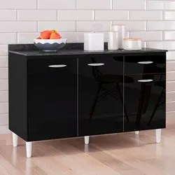 Balcão Cozinha Pia 120cm com Tampo Classic P11 Preto/Marmore - Mpozena