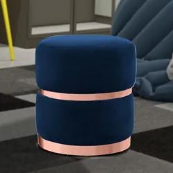 Puff Decorativo Com Cinto e Aro Rosê Round B-304 Veludo Azul Marinho -