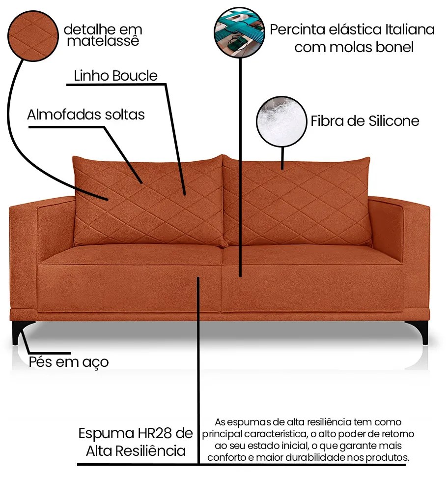 Sofá Living 3 Lugares com Pés de Ferro Almofadas Soltas 220cm Neso Bouclê Terracota G63 - Gran belo