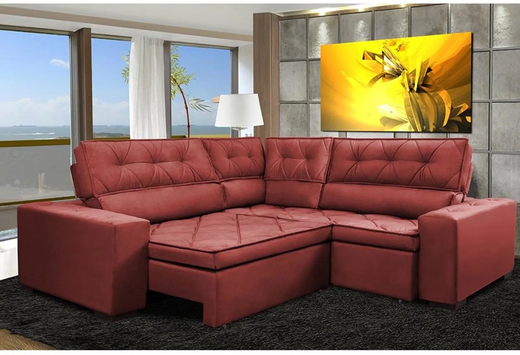 Sofa de Canto Retrátil e Reclinável com Molas Cama inBox Austin 2,50m x 2,50m Suede Velusoft Vermelho