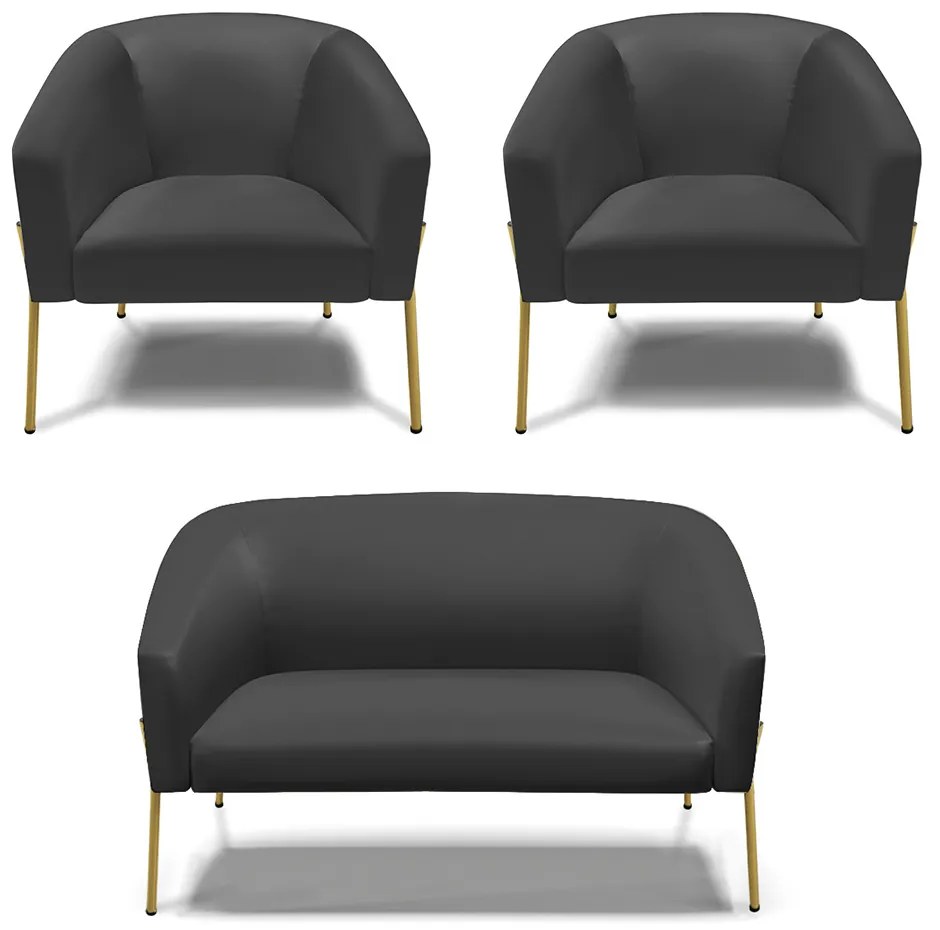 Namoradeira e 2 Poltronas Pé de Ferro Dourado Stella Sintético D03 - D'Rossi - Preto