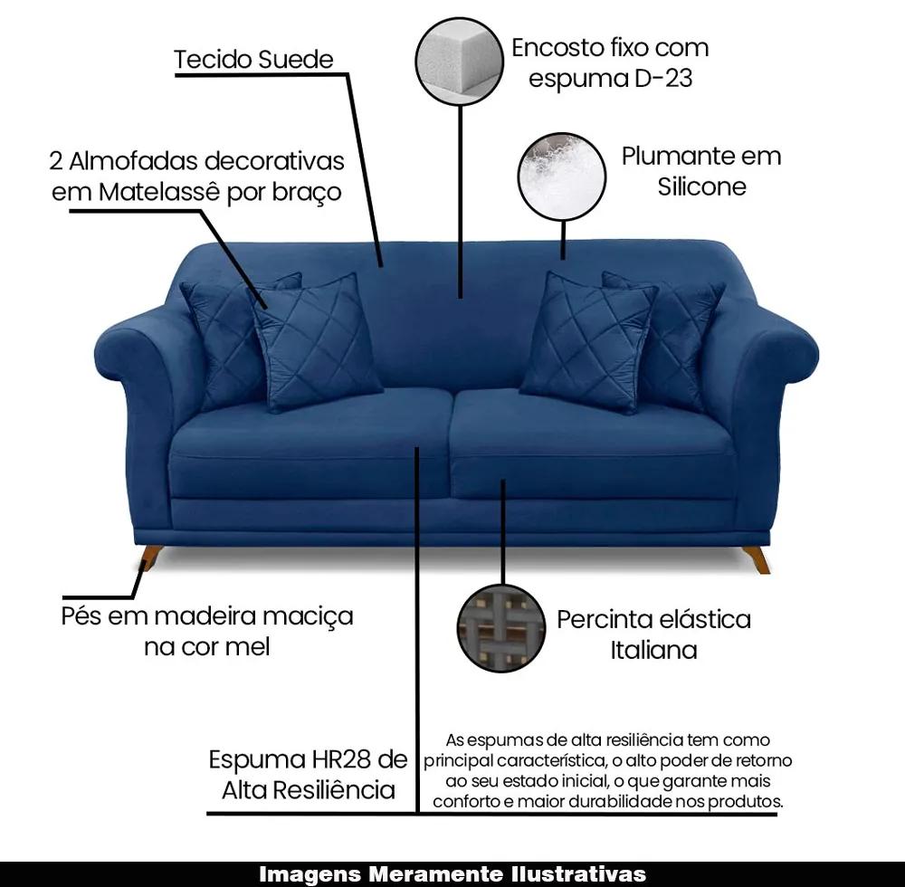 Sofá Decorativo 180cm 2 Lugares com 4 Almofadas Armstrong Suede Azul Marinho G63 - Gran Belo