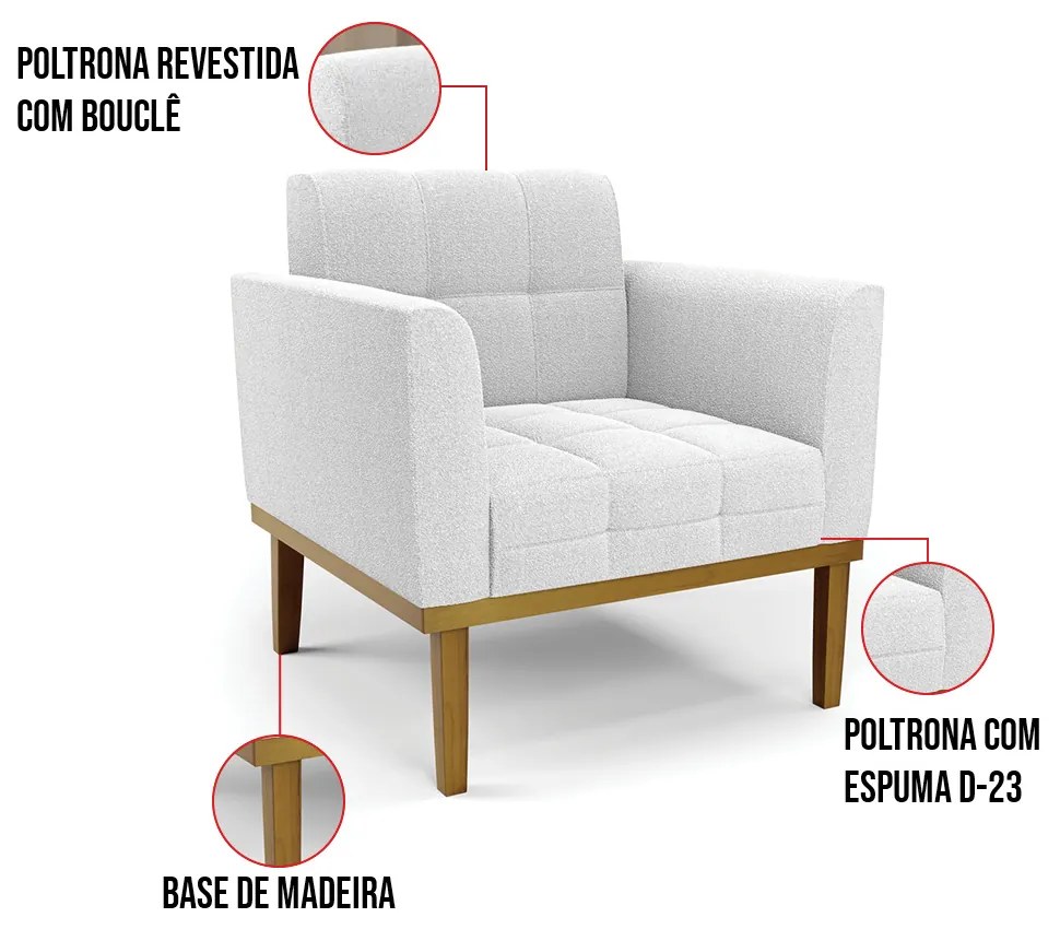 Poltrona Sala Base Madeira Fixa Castanho Elisa Bouclê Off White D03 - D'Rossi