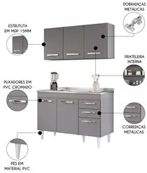 Armário Aéreo Honduras e Balcão Gabinete com Pia 120cm Suécia Cinza -